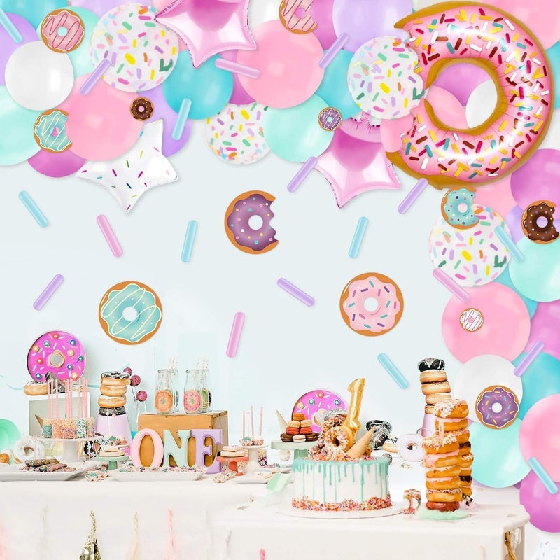 Levfla 100 PCS Donut Balloons Garland Pastel Decoration Kits Sprinkles Confetti Doughnut Backdrop Cutouts Kids Birthday Party Balloons Arch Photo Props Favor Ideas Supplies - Image 2